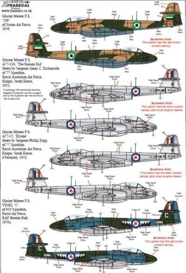 1:48 Gloster Meteor F.8 Collection Pt 1 Decals X48158 Xtradecal