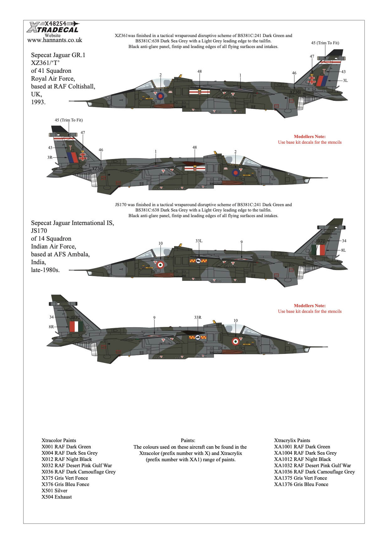 1:48 Sepecat Jaguar Collection Pt1 Decals X48254 Xtradecal