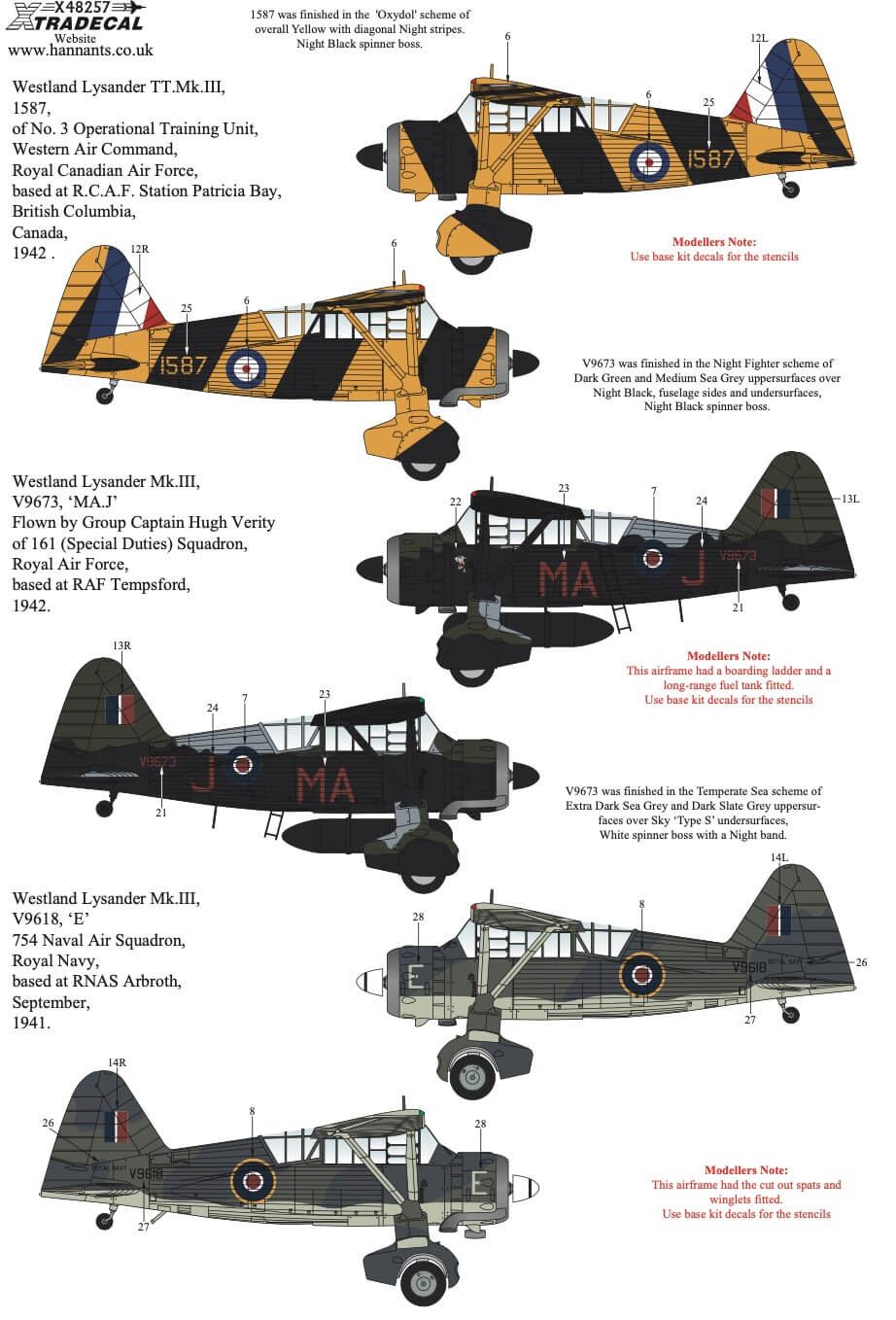 1:48 Westland Lysander Collection Decals X48257 Xtradecal
