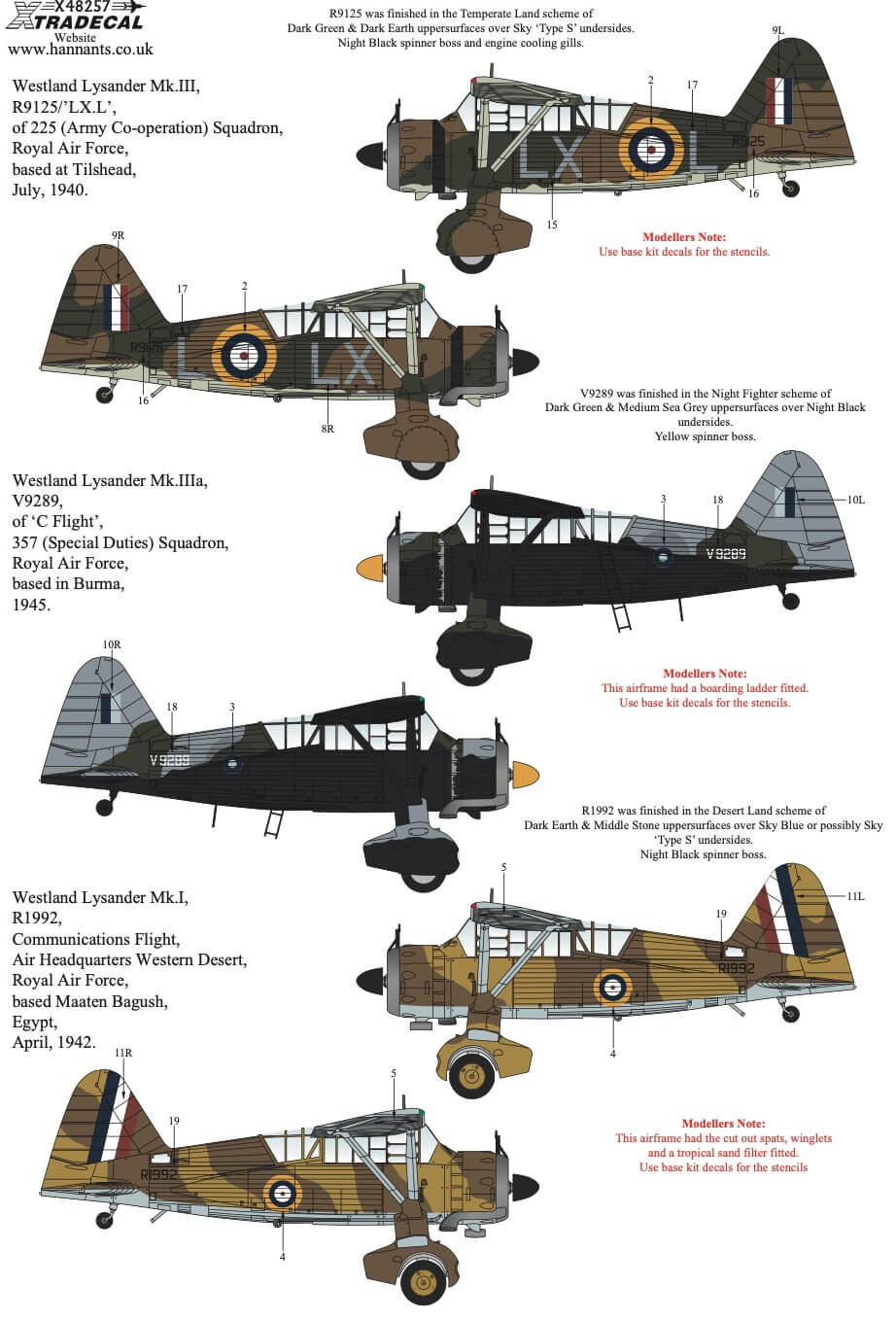 1:48 Westland Lysander Collection Decals X48257 Xtradecal