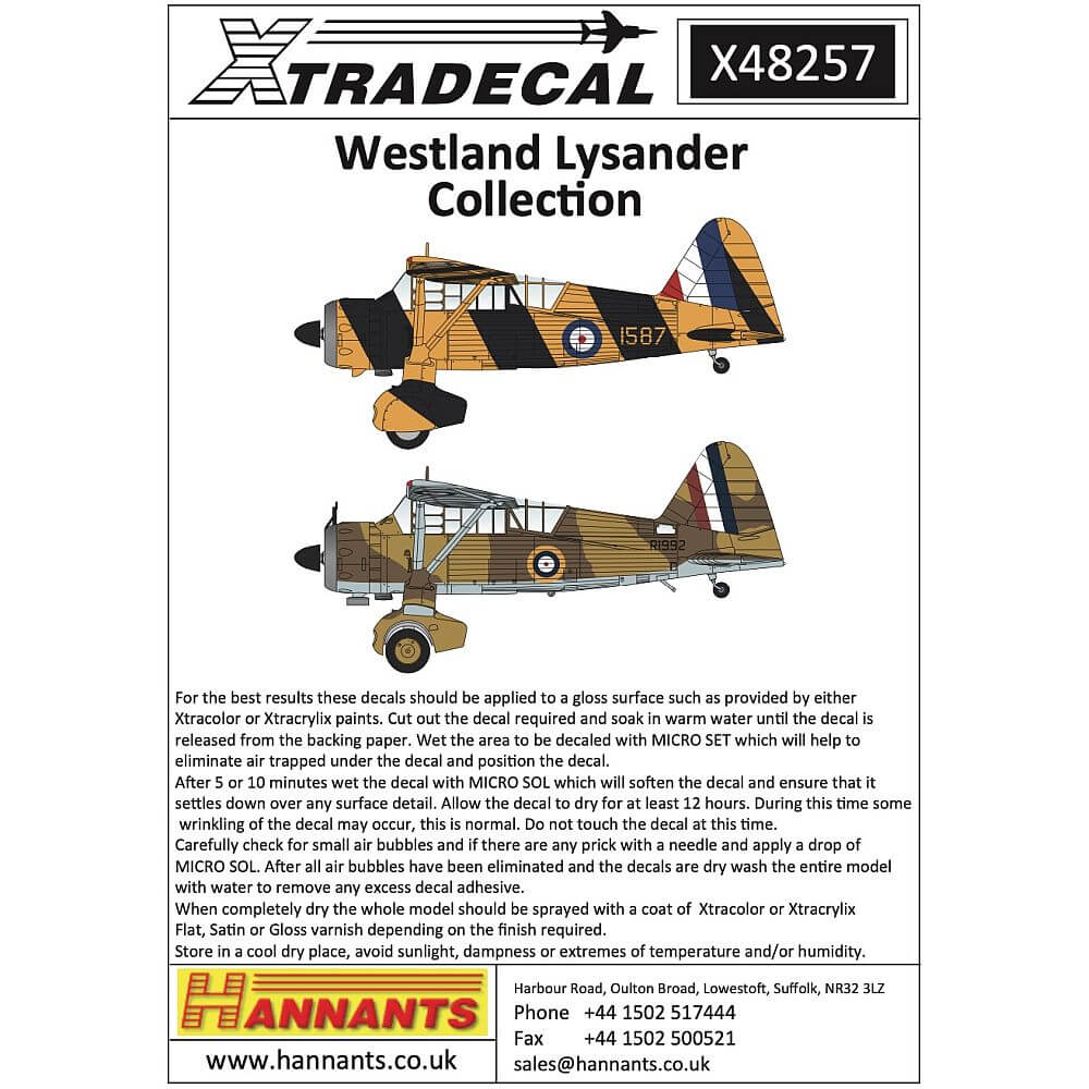 1:48 Westland Lysander Collection Decals X48257 Xtradecal