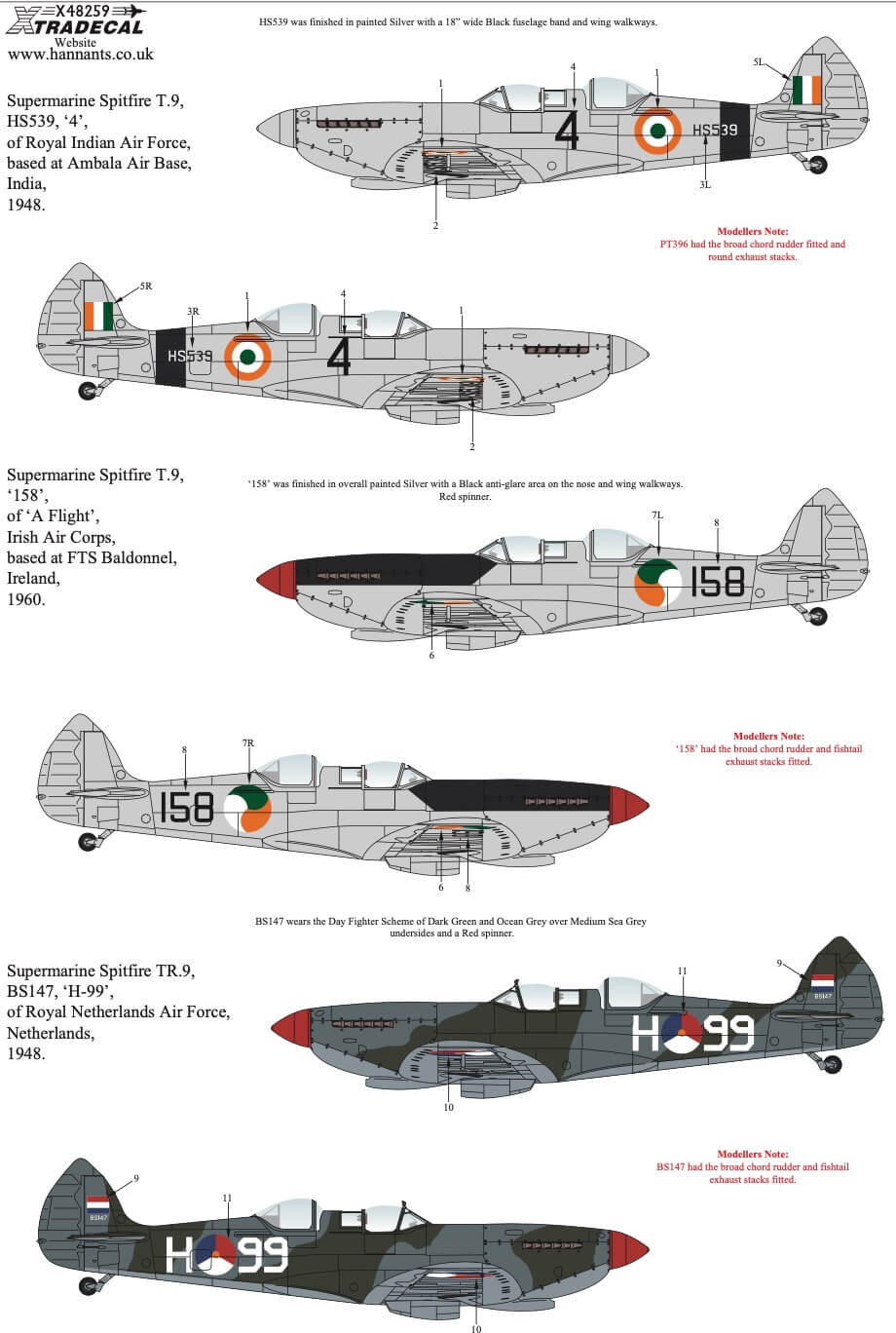 1:48 Supermarine Spitfire T.9 Collection Decals X48259 Xtradecal