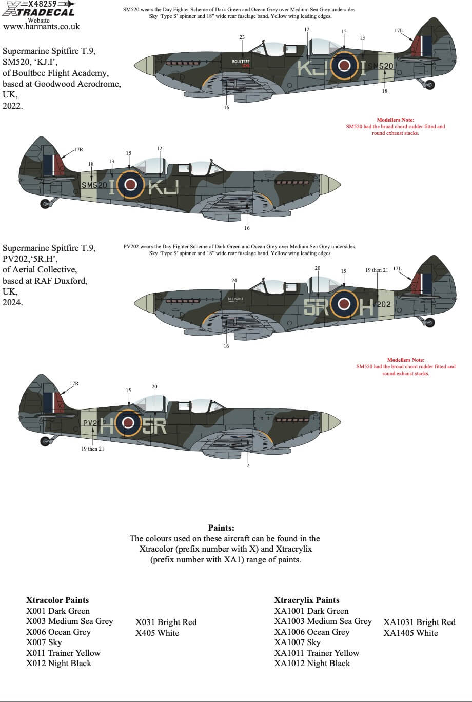 1:48 Supermarine Spitfire T.9 Collection Decals X48259 Xtradecal