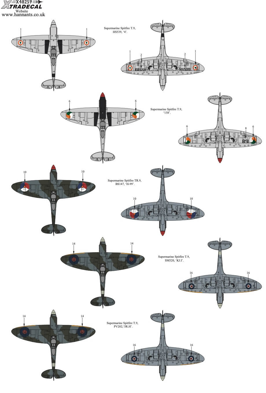1:48 Supermarine Spitfire T.9 Collection Decals X48259 Xtradecal