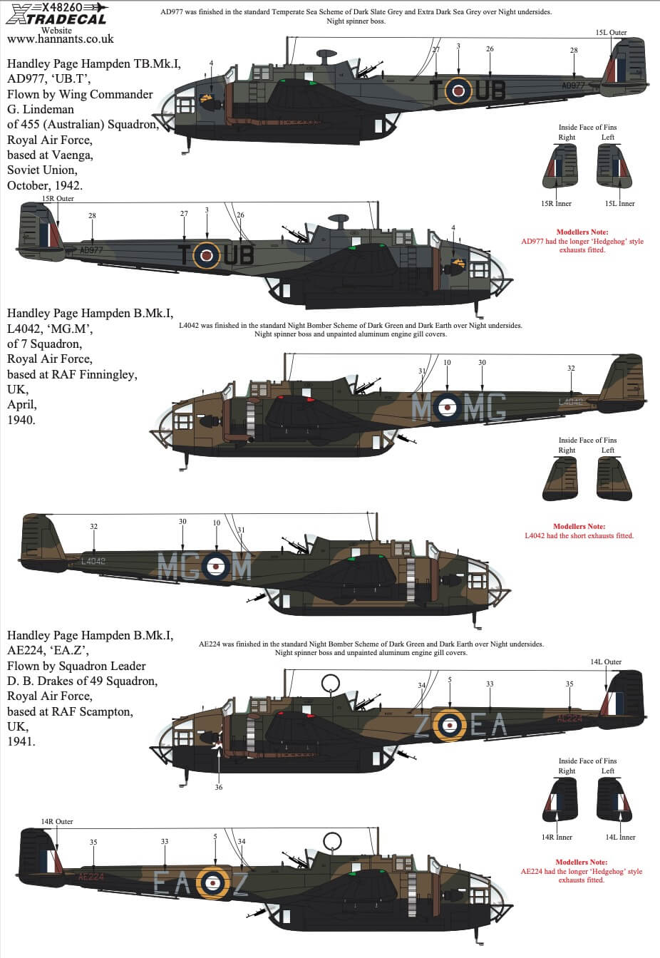1:48 Handley Page Hampden Collection Decals X48260 Xtradecal