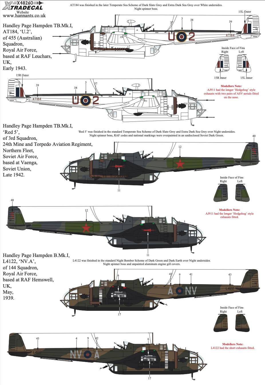 1:48 Handley Page Hampden Collection Decals X48260 Xtradecal