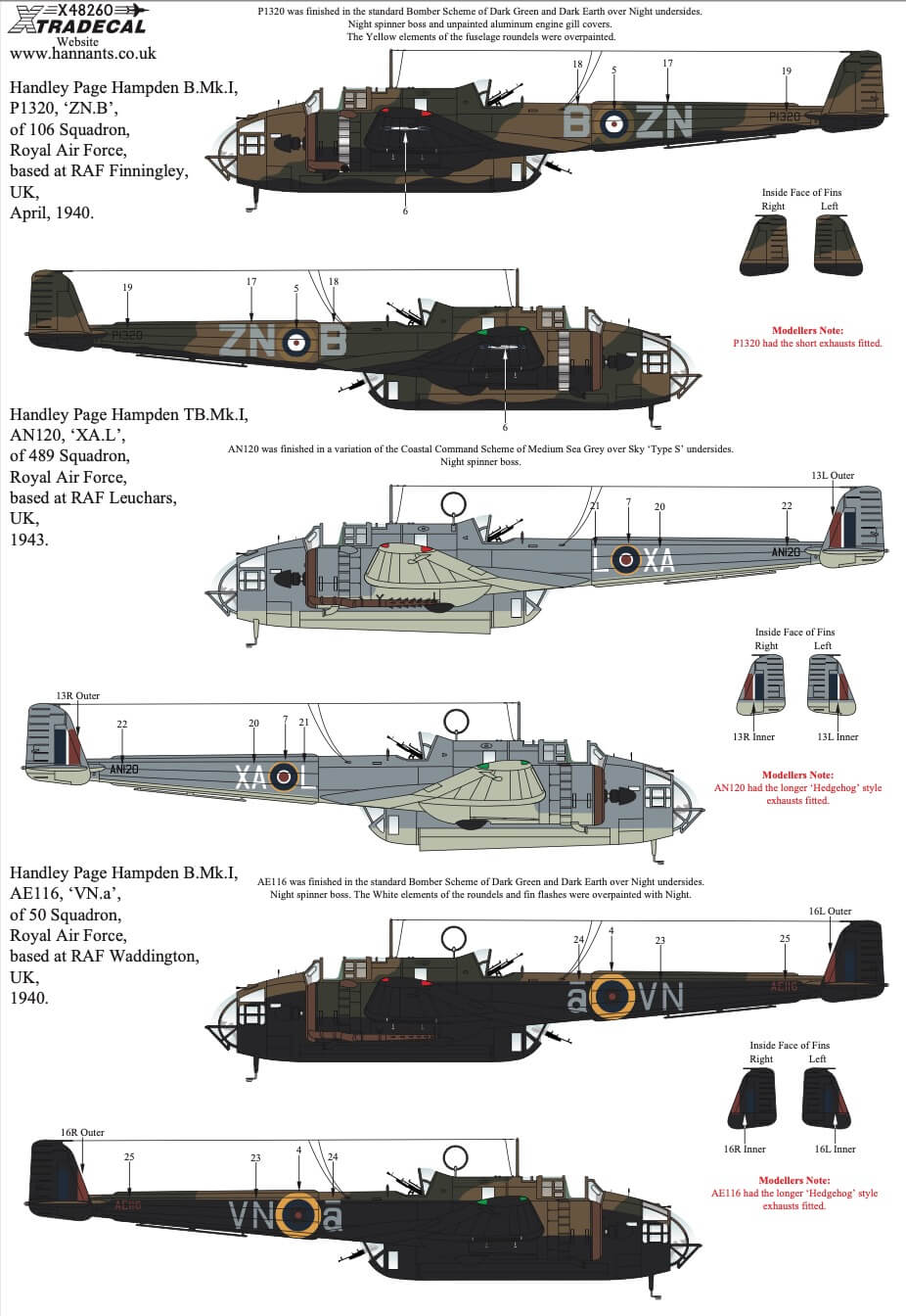 1:48 Handley Page Hampden Collection Decals X48260 Xtradecal