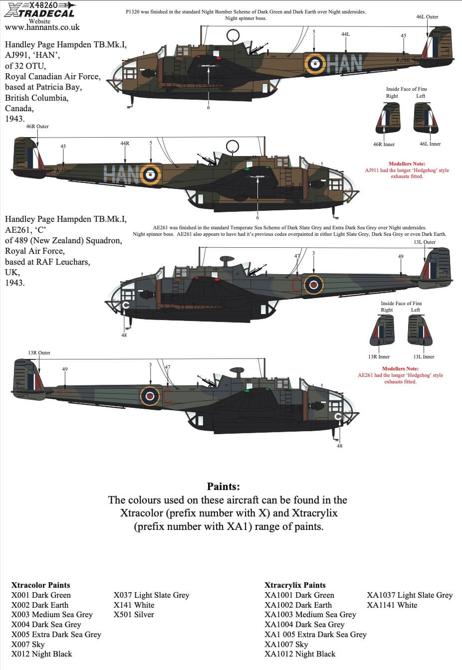 1:48 Handley Page Hampden Collection Decals X48260 Xtradecal
