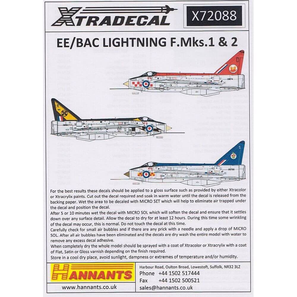 1:72 BAC/EE Lightning F1, F1A, F2 Part 1 X72088 Xtradecal