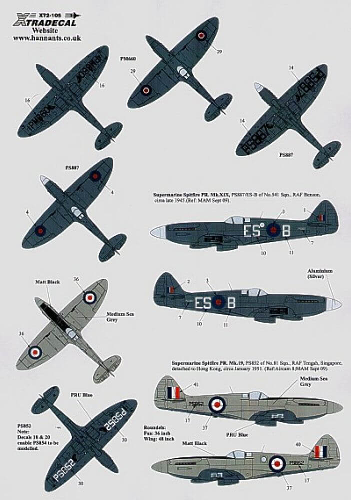 1:72 Supermarine Spitfire PR Mk.XIX Decals X72105 Xtradecal