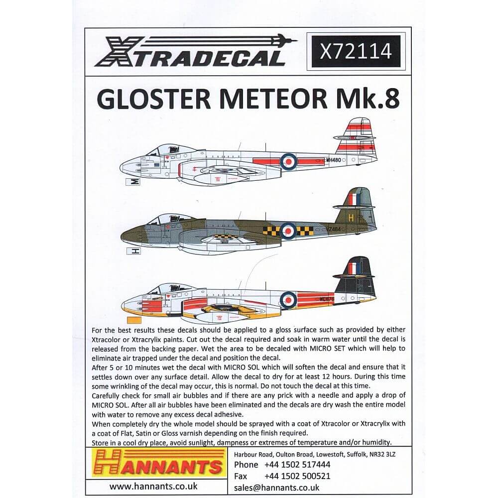 1:72 Gloster Meteor F.Mk.8 Part 2 Decals X72114 Xtradecal