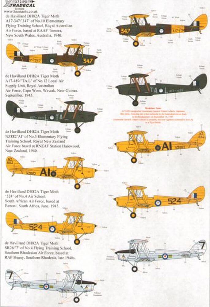 1:72 de Havilland DH.82 Tiger Moth Decals X72190 Xtradecal