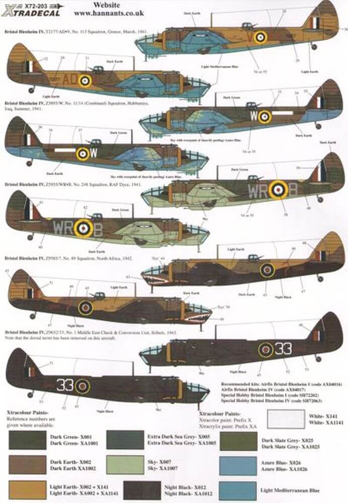1:72 Bristol Blenheim I, IF, IV, & IVF Pt.2 Decals X72203 Xtradecal