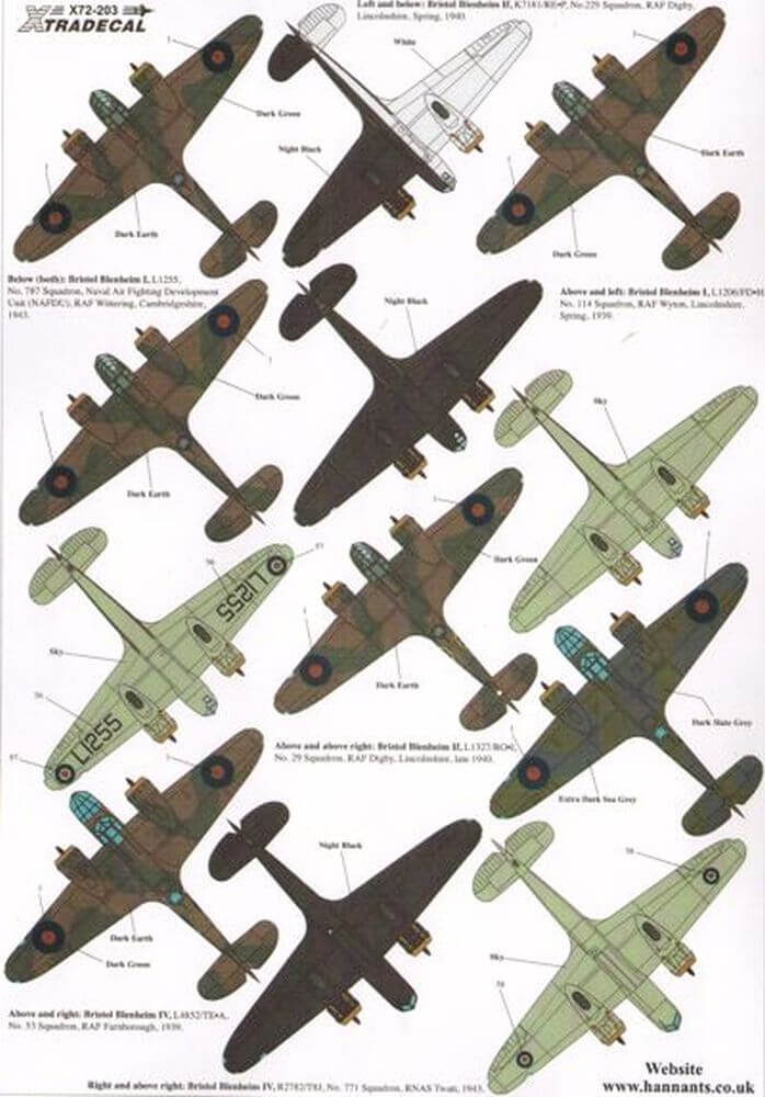 1:72 Bristol Blenheim I, IF, IV, & IVF Pt.2 Decals X72203 Xtradecal