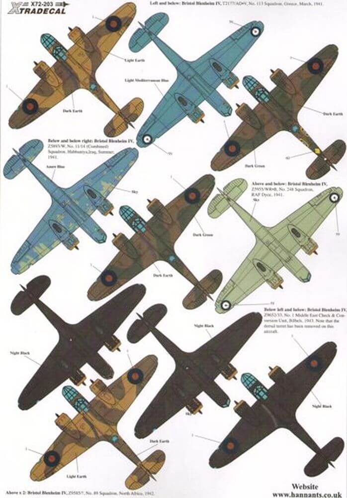 1:72 Bristol Blenheim I, IF, IV, & IVF Pt.2 Decals X72203 Xtradecal
