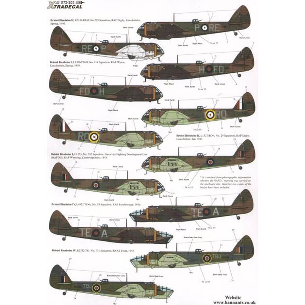 1:72 Bristol Blenheim I, IF, IV, & IVF Pt.2 Decals X72203 Xtradecal
