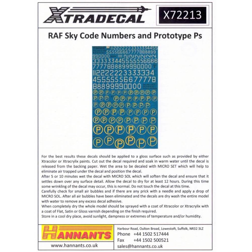 1:72 RAF Sky Code Numbers and Prototype Ps X72213 Xtradecal