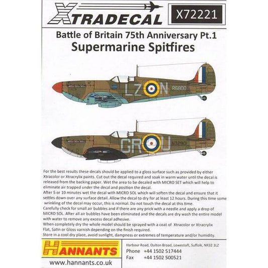 1:72 Spitfire Mk.Ia Battle of Britain 1940 Pt.1 X72221 Xtradecal