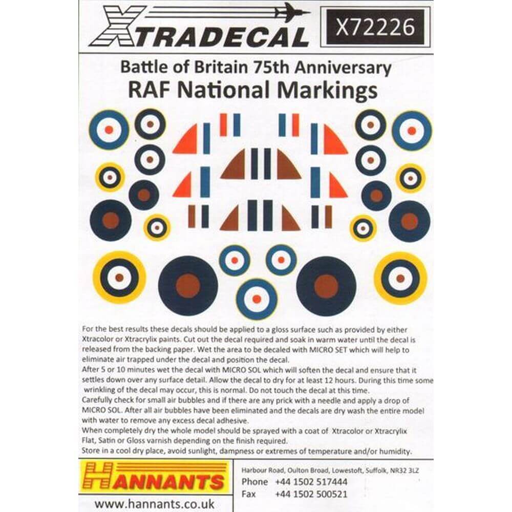 1:72 Battle of Britain RAF National Markings Decals X72226 Xtradecal