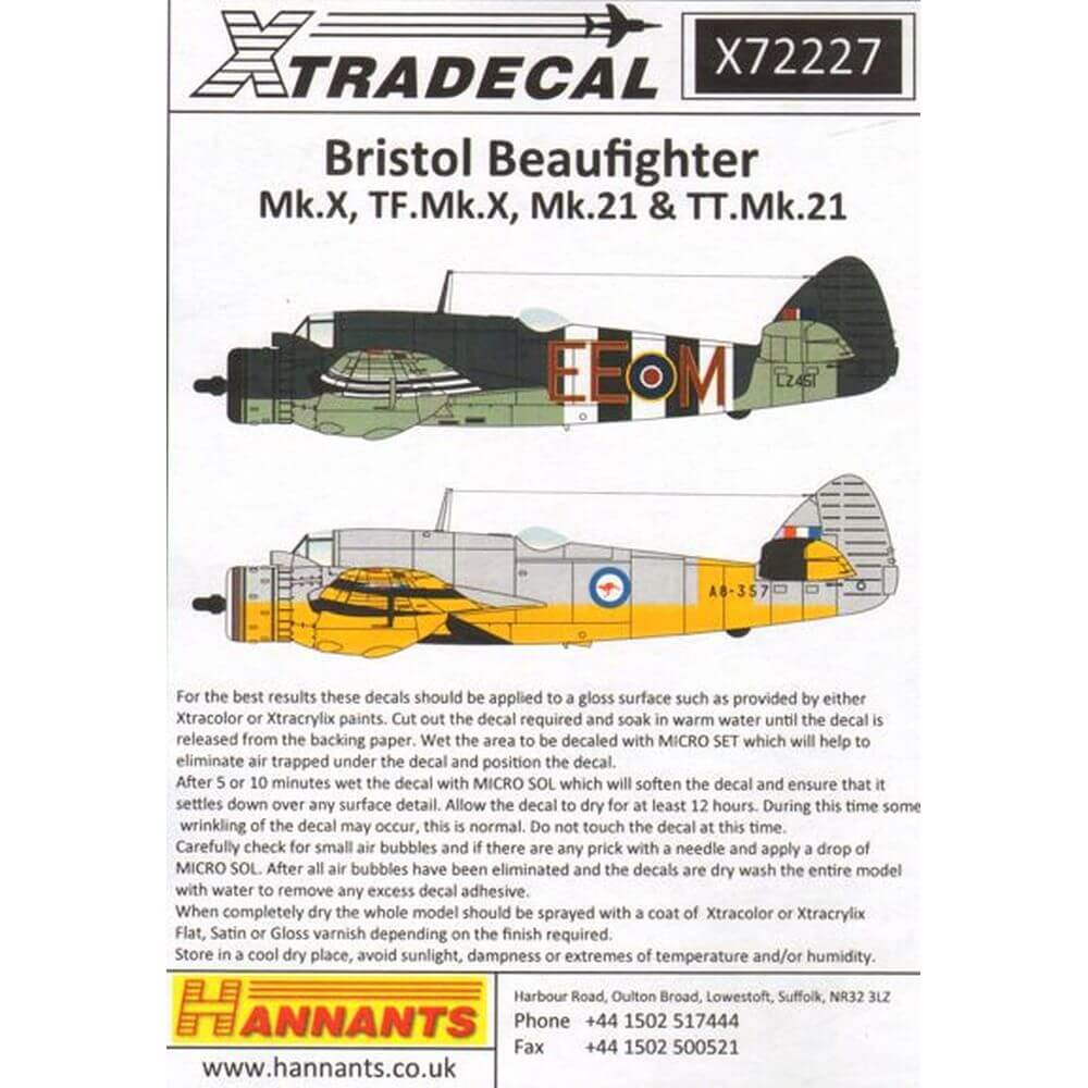 1:72 Bristol Beaufighter Mk.X/21 Decals X72227 Xtradecal