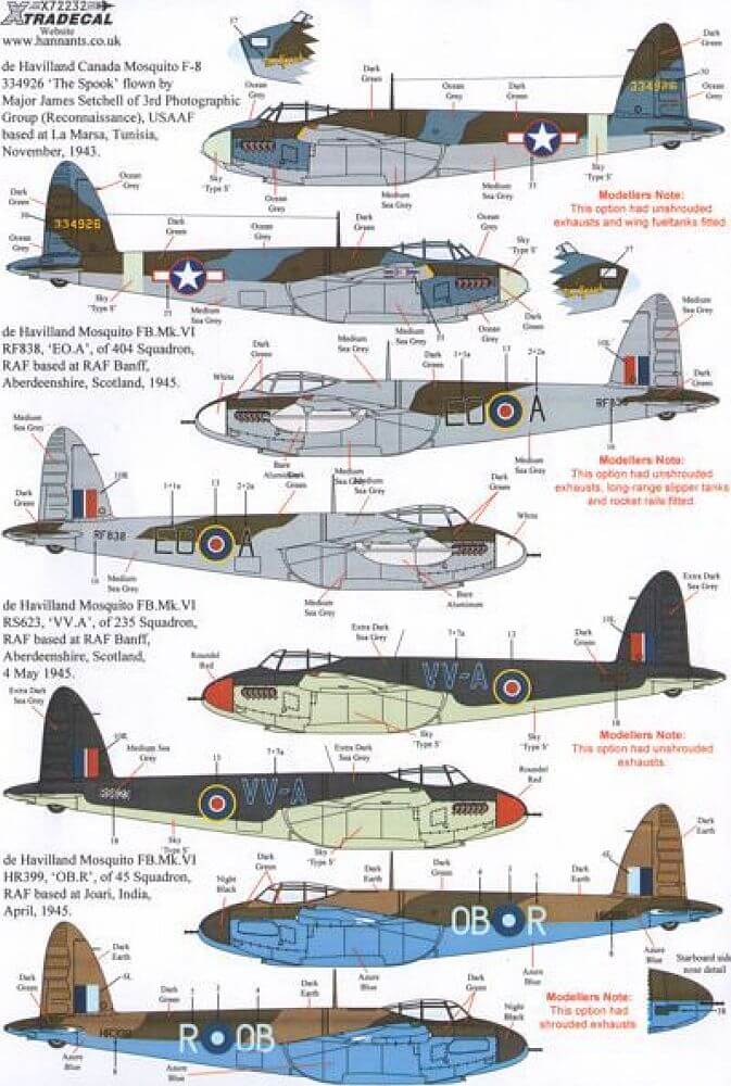 1:72 Mosquito T Mk.III, B Mk.IV, FB Mk.VI, B Mk.XX X72232 Xtradecal