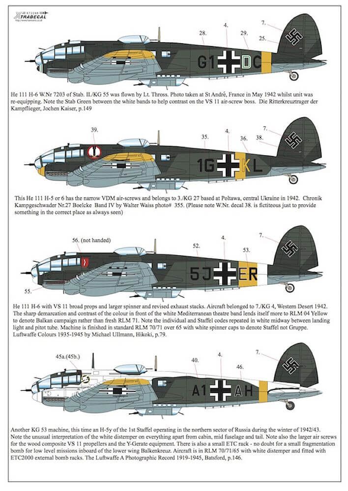1:72 Heinkel He 111H-5, H-5y, H-6 Decals X72248 Xtradecal