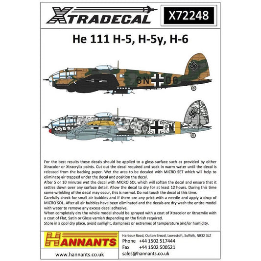 1:72 Heinkel He 111H-5, H-5y, H-6 Decals X72248 Xtradecal
