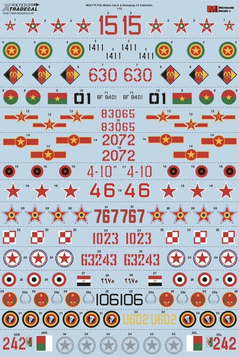 1:72 MiG-17F, Lim-5 & Shenyang J-5 Collection Decals X72313 Xtradecal