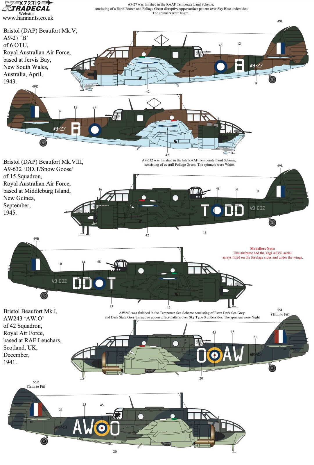 1:72 Bristol Beaufort Collection X72319 Xtradecal