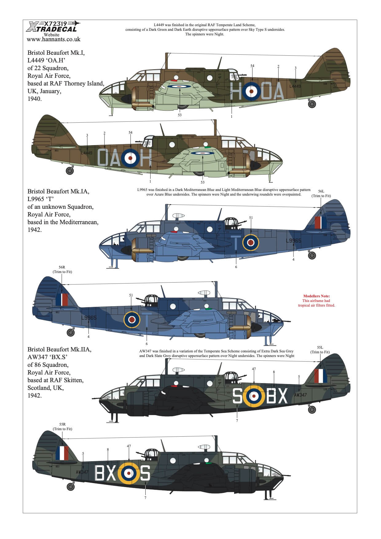 1:72 Bristol Beaufort Collection X72319 Xtradecal