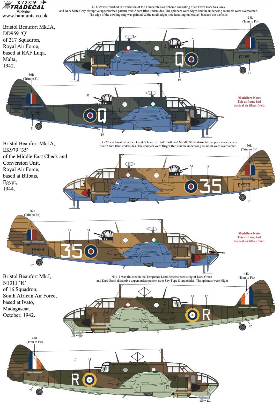 1:72 Bristol Beaufort Collection X72319 Xtradecal