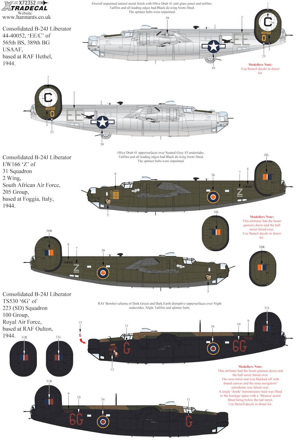 1:72 Late War Consolidated B-24 Liberator Collection Pt1 X72352 Xtradecal