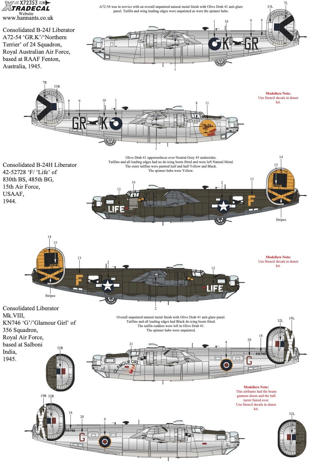 1:72 Late War Consolidated B-24 Liberator Collection Pt2 X72353 Xtradecal