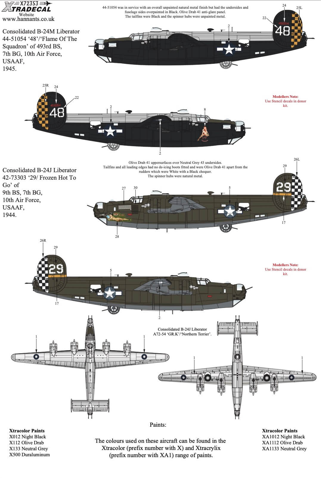 1:72 Late War Consolidated B-24 Liberator Collection Pt2 X72353 Xtradecal