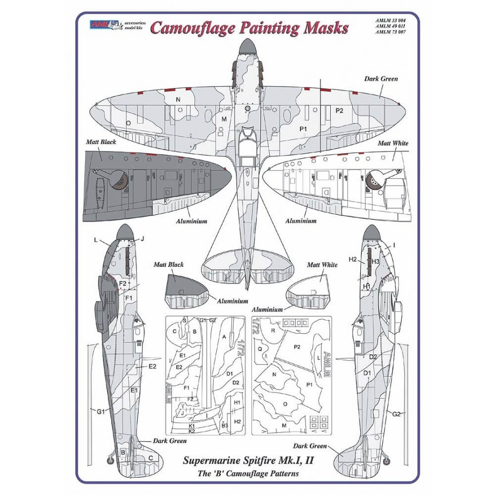 1:72 Spitfire Mk.I, Mk.II The "B" Camouflage Masking Set AMLM73007 AML