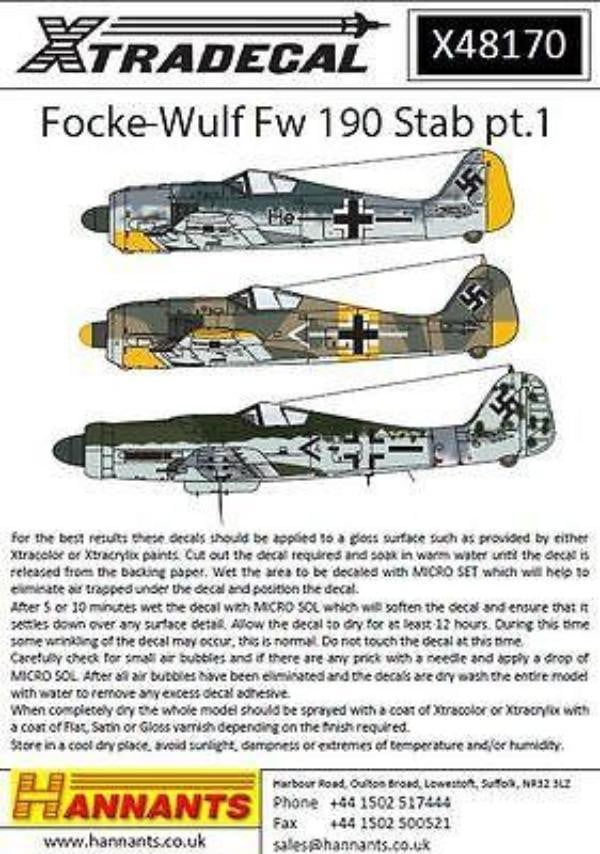 Xtradecal X48170 1/48 Focke-Wulf Fw-190 Stab markings Pt 1 Model Decals - SGS Model Store