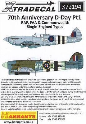Xtradecal X72194 1/72 D-Day 70th Anniversary Pt 1 RAF Model Decals - SGS Model Store