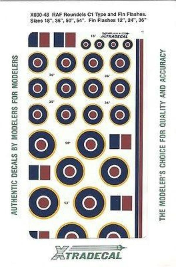 Xtradecal X48030 1/48 RAF National Insignia/Roundels C1 Type Model Decals - SGS Model Store