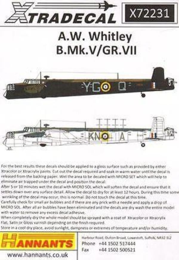 Xtradecal X72231 1/72 A.W. Whitley B.Mk.V/GR.Mk.VII Model Decals - SGS Model Store