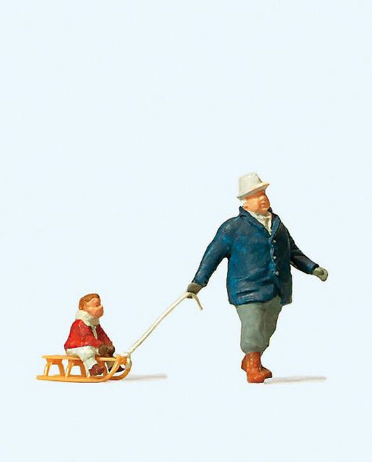 Preiser 28078 H0 Scale Man With Child On Sledge Model Railway Figures