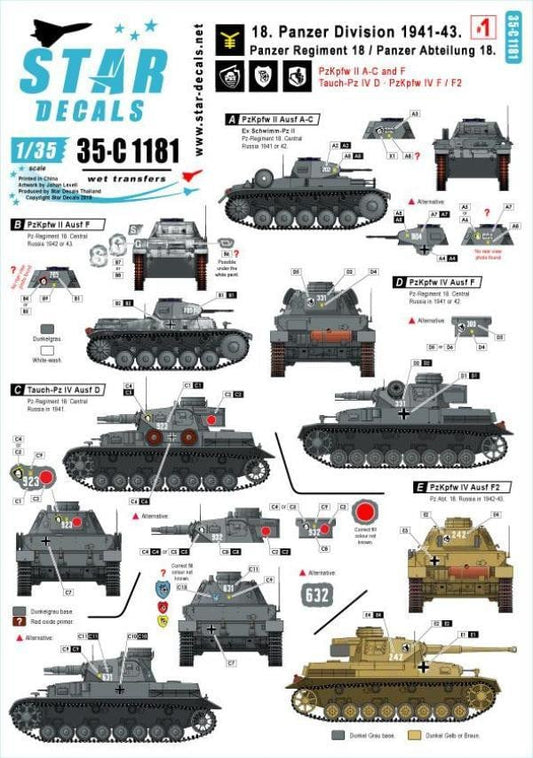 Star Decals 35-C1181 1/35 18. Panzer Division # 1 Model Decals - SGS Model Store