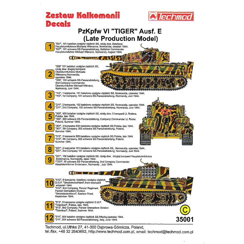 1:35 Pz.Kpfw.VI Tiger Ausf.E Late Production 35001 Techmod Decals – SGS ...