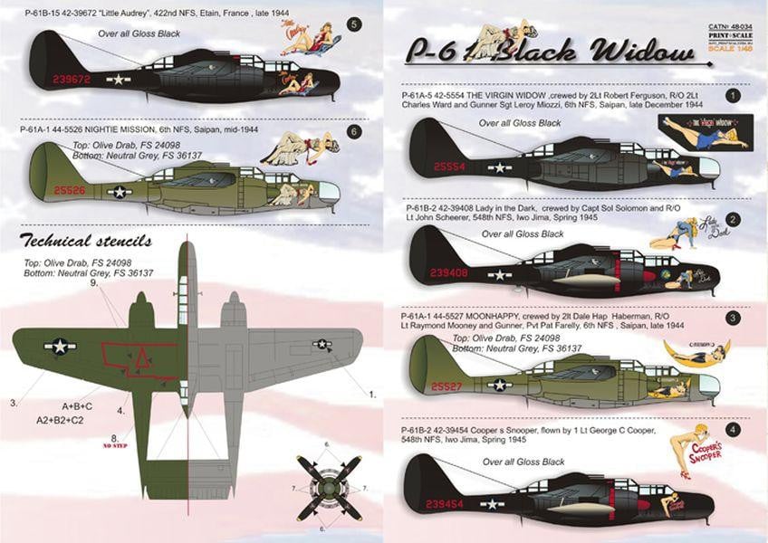Print Scale 48-034 1/48 Northrop P-61 Black Widow Part 1 Model Decals - SGS Model Store