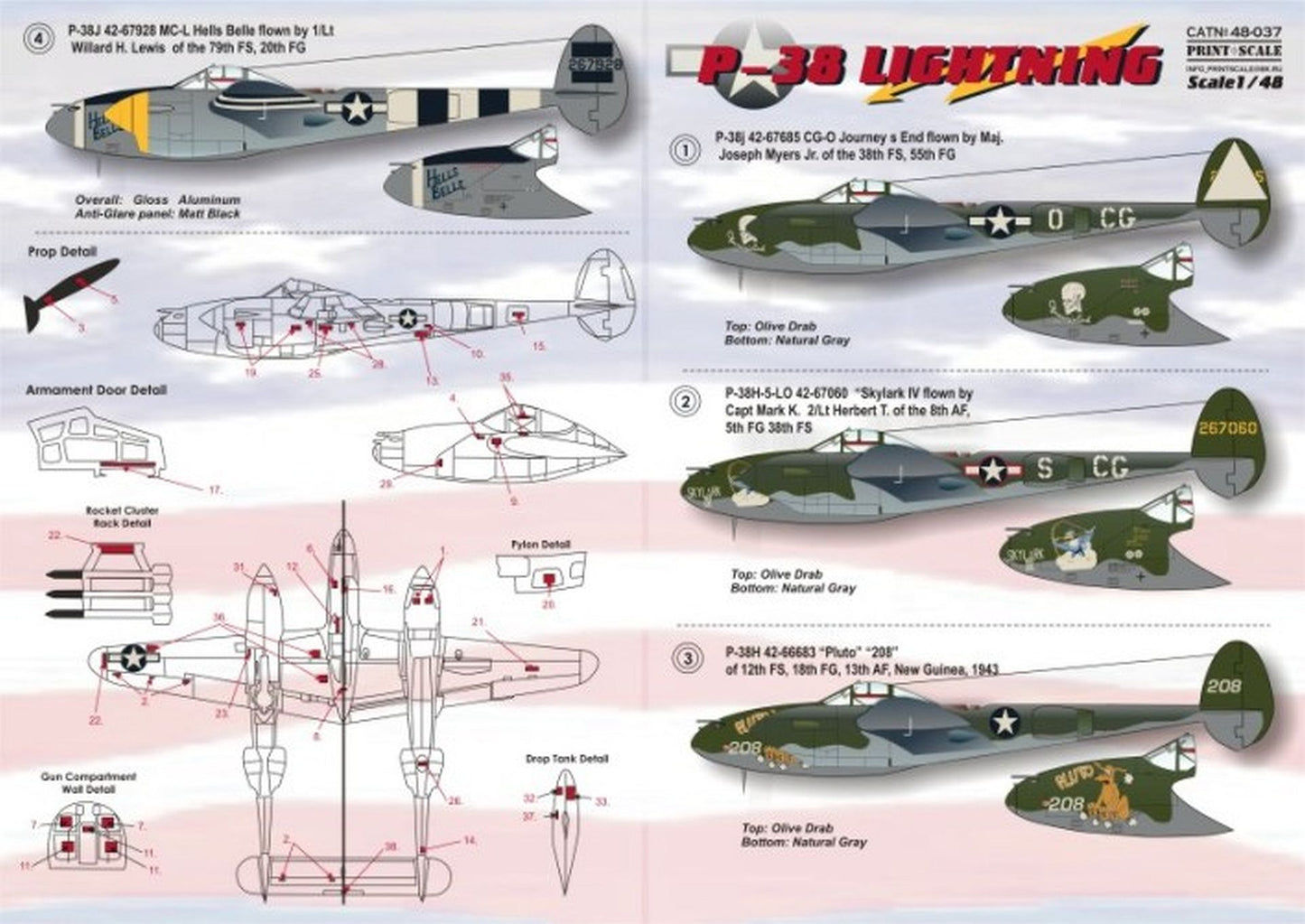 Print Scale 48-037 1/48 Lockheed P-38 Lightning Part 2 Decals