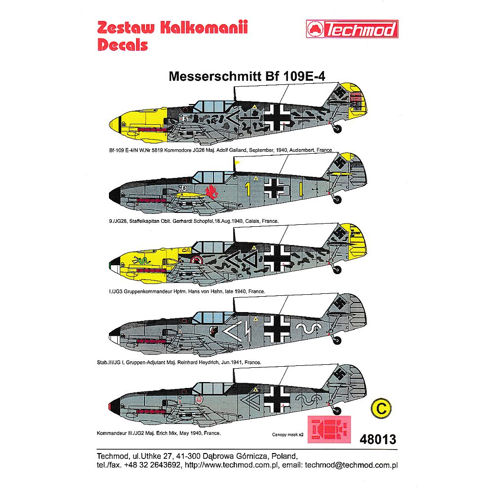 Techmod 48013 1/48 Messerschmitt Bf 109E-4 Decals