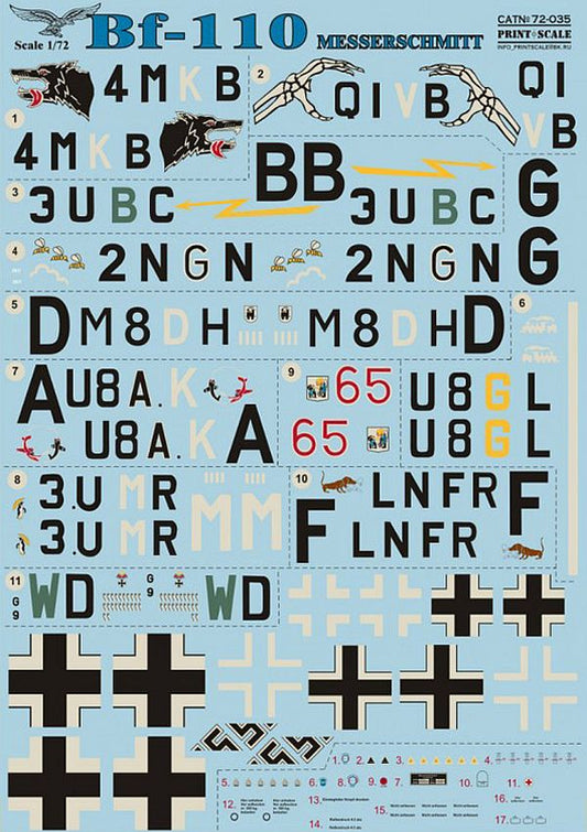 Print Scale 72-035 1/72 Messerschmitt Bf-110 Model Decals
