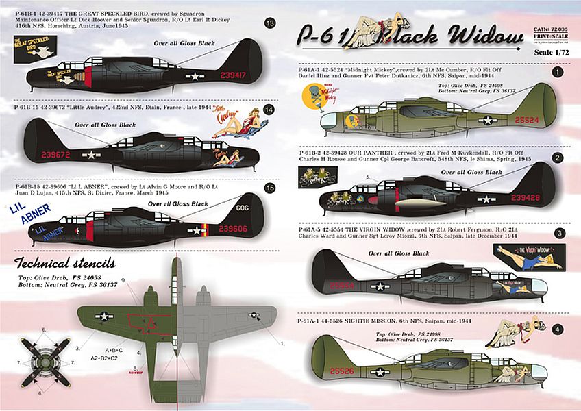 Print Scale 72-036 1/72 Northrop P-61 Black Widow Model Decals