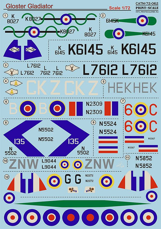 Print Scale 72-062 1/72 Gloster Gladiator Part 1 Model Decals