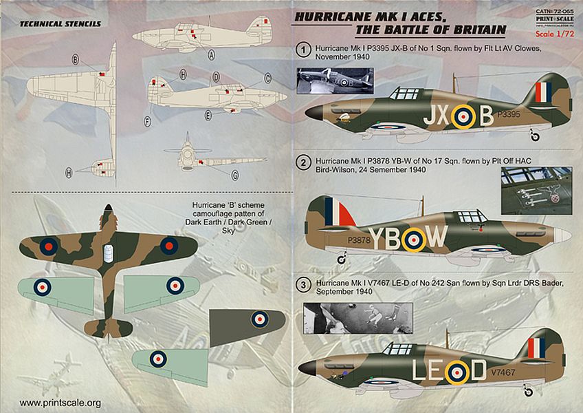 Print Scale 72-065 1/72 Hurricane Battle Of Britain Aces Model Decals