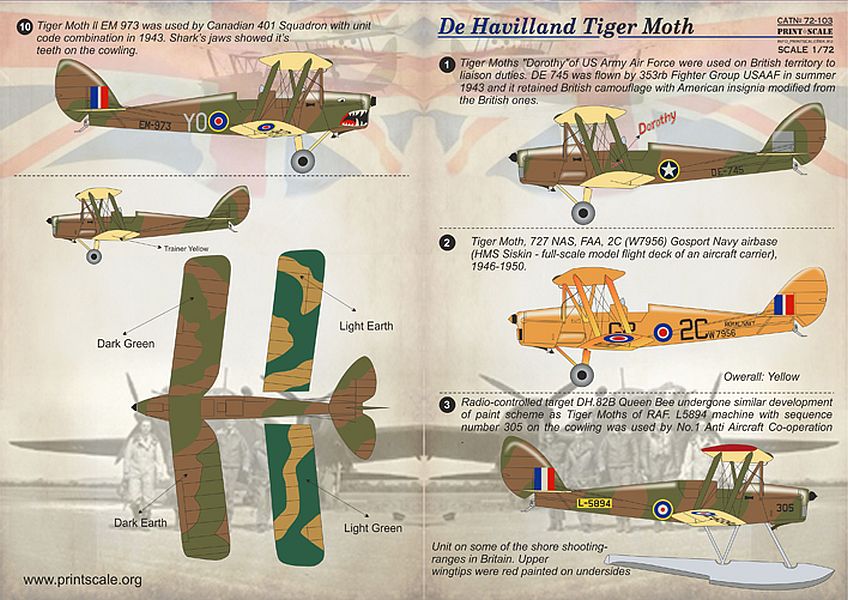 Print Scale 72-103 1/72 de Havilland DH.82 Tiger Moth Model Decals